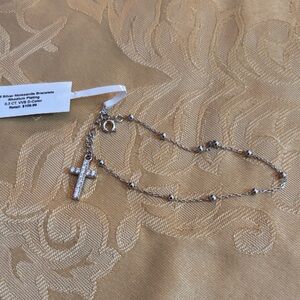 Sterling Silver Cross Charm Beaded Chain Bracelet - Silver